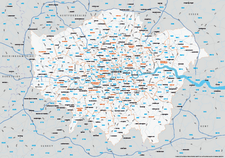 Editable map of Greater London postcodes preview link